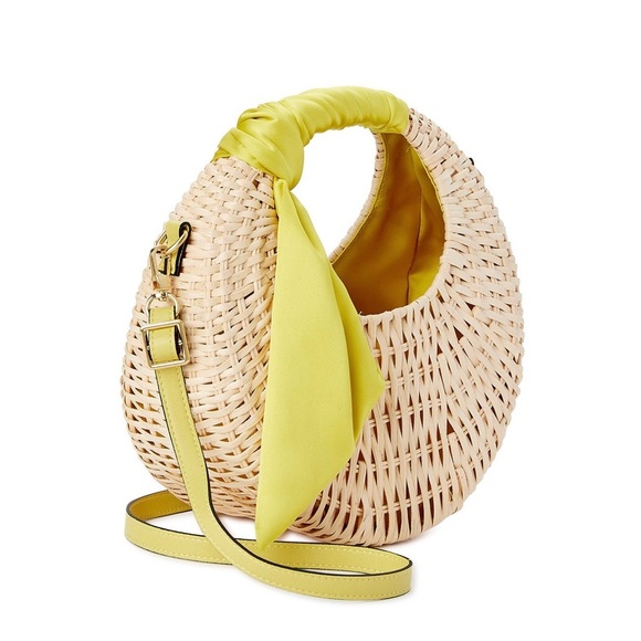 Woven straw Top handle crescent shape crossbody bag silk look citron scarf new - Picture 1 of 13